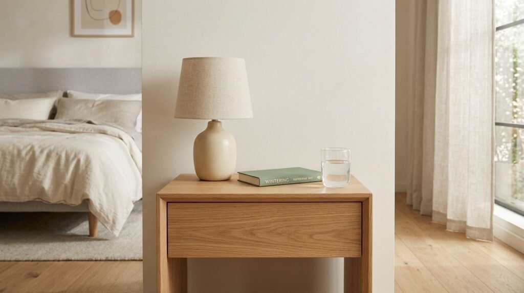 A stylish wooden nightstand with a smooth finish placed in a well-lit bedroom setting.