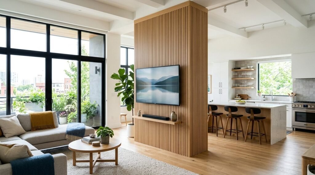 A bright and spacious living area featuring modern furniture and elegant interior design.