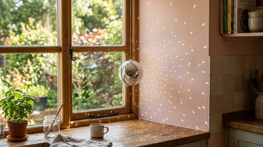 A close-up of a rotating sparkling disco ball casting light reflections in a dark room.