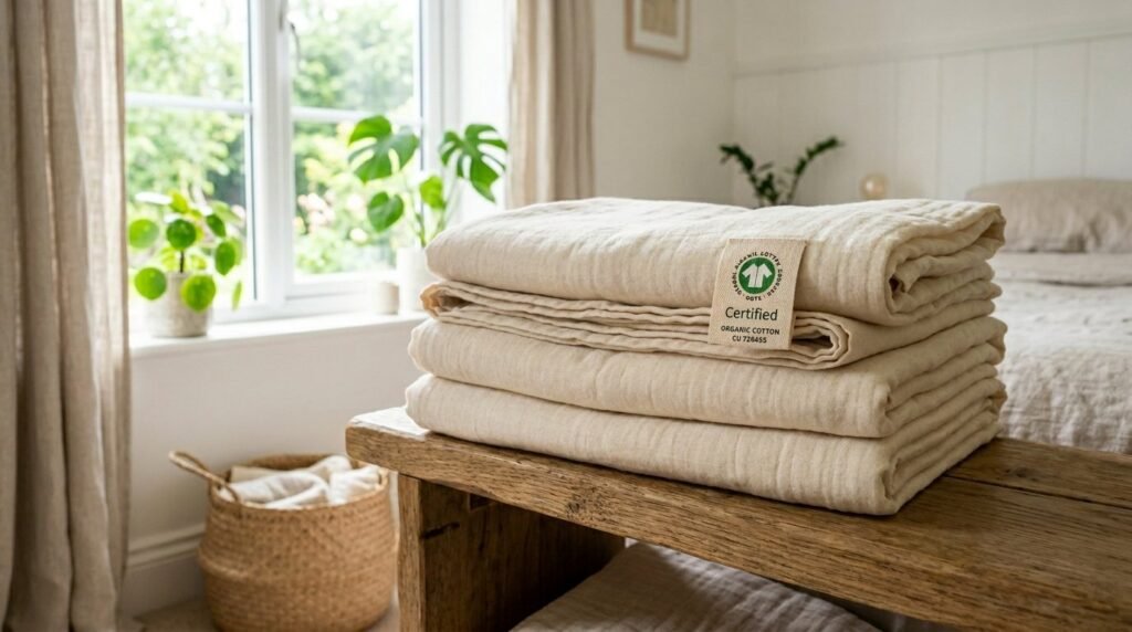 A carefully arranged stack of fresh organic vegetables and fruits on a rustic wooden table.