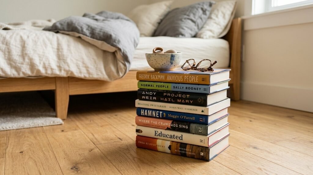 A neat stack of hardcover books resting on a wooden surface.