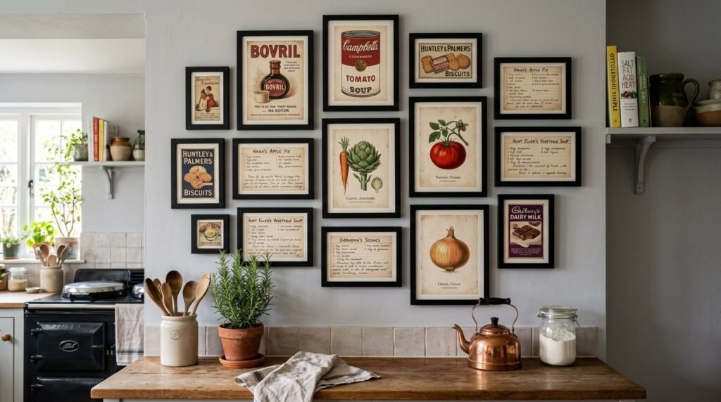 A thoughtfully curated gallery wall display in a bright and modern kitchen.