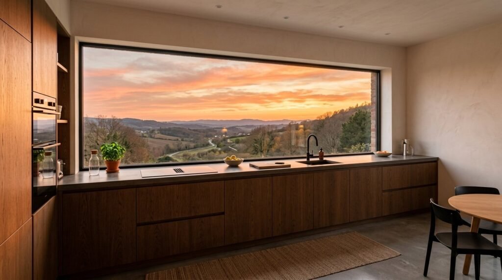 A warm sunset glowing through a clean kitchen window at dusk.