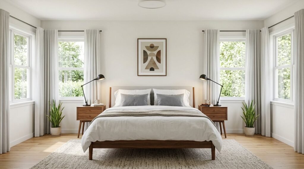 A perfectly symmetrical bedroom layout with matching nightstands and bedside lamps in a serene, modern setting.