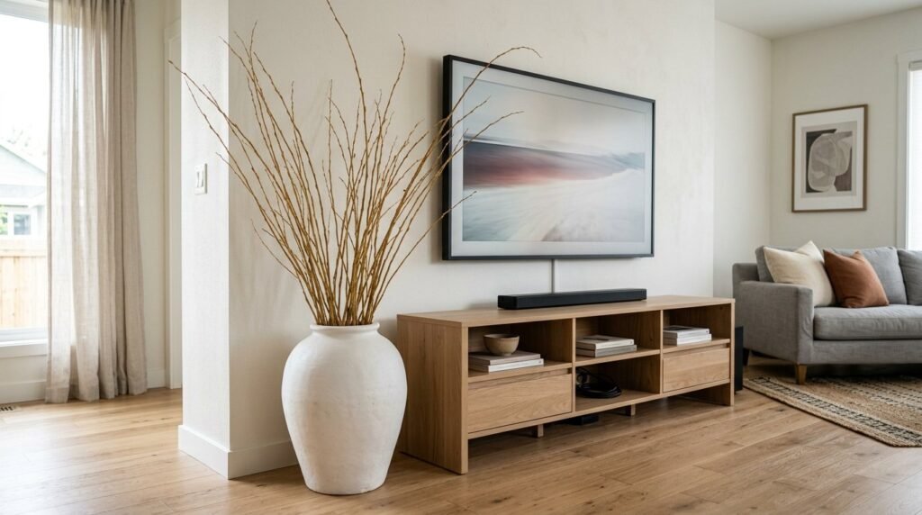 A sleek decorative floor vase displayed in a modern, well-lit living room setting.