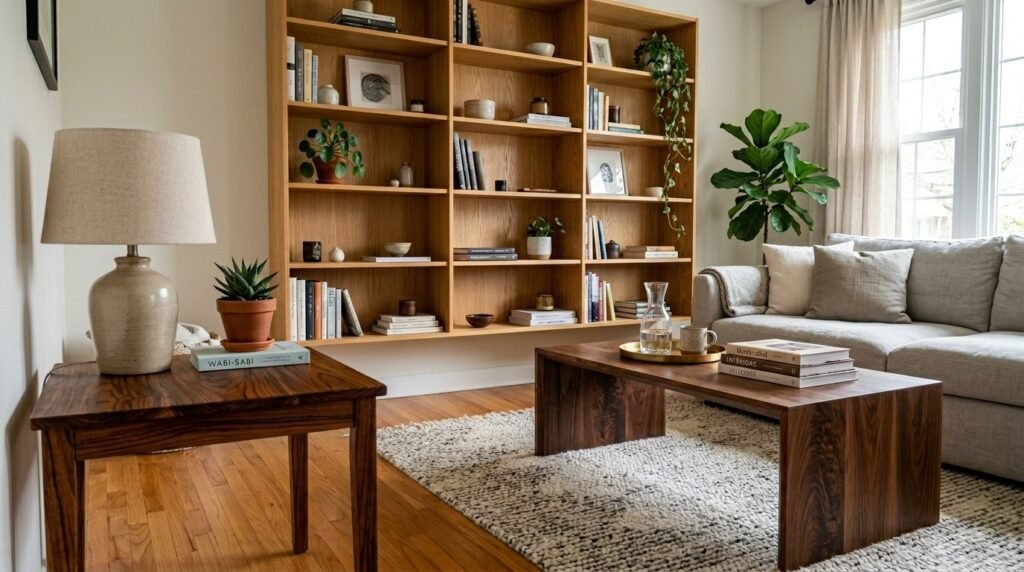 A high-quality teak wood side table featuring a minimalist design in a brightly lit, modern living room setting.