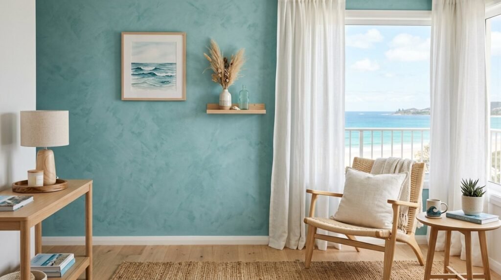 A smooth teal colored wall surface with a clean minimalist aesthetic.