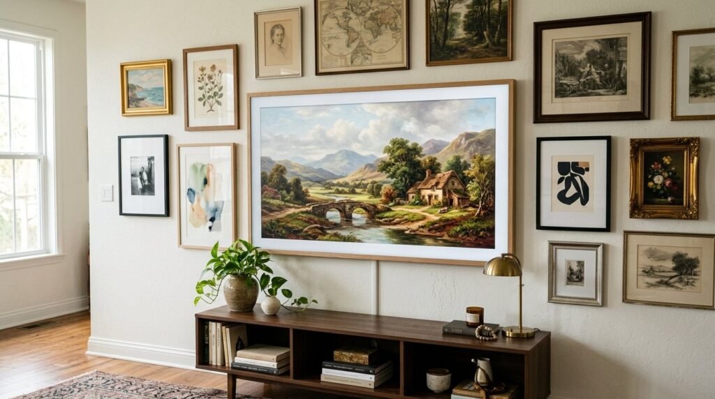 A high-definition television screen displaying a colorful mountain landscape scene in a home interior.