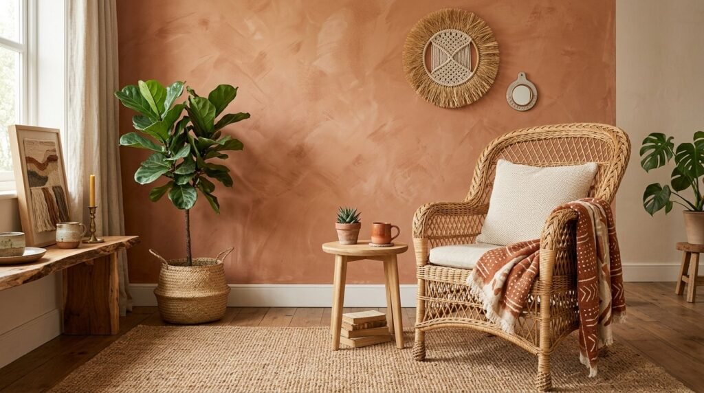 Close up view of a warm terracotta lime washed wall with natural texture.