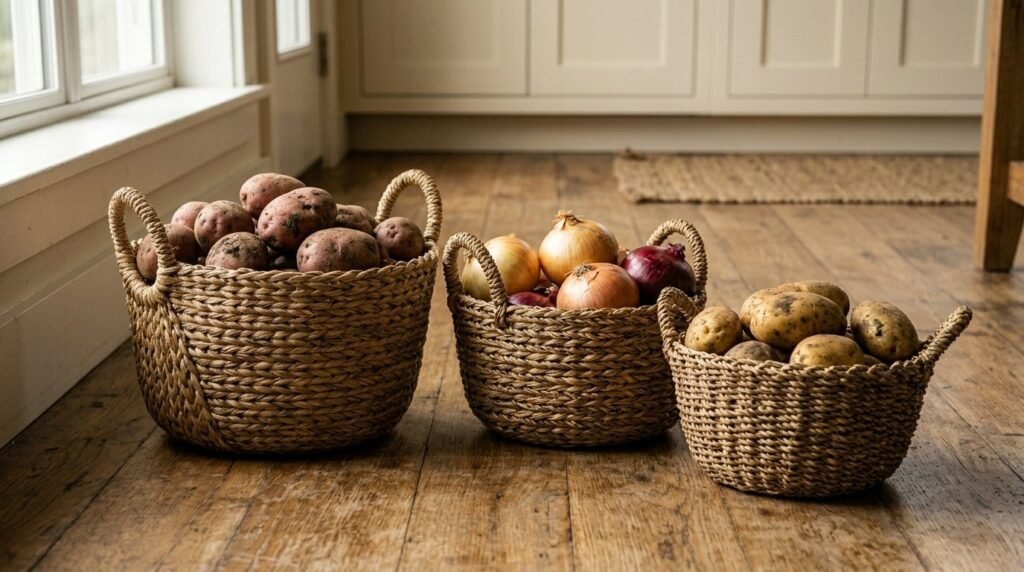 Three artisanal woven baskets arranged neatly on a neutral surface.
