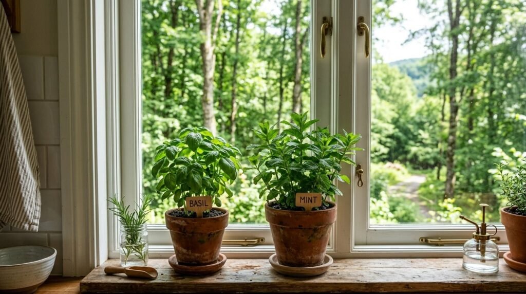 A thriving indoor herb garden with lush green basil, rosemary, and thyme in terracotta pots.