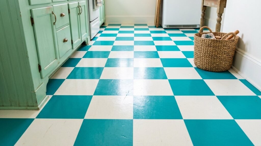 A close up view of a vibrant turquoise and white checkered pattern fabric.