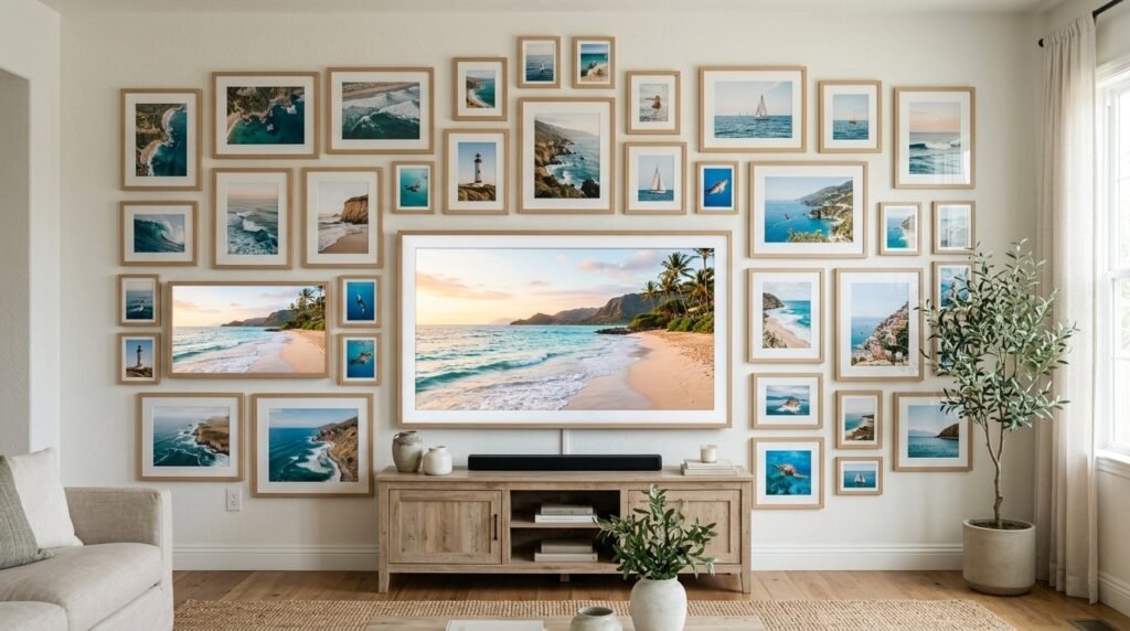 A sleek modern television screen surrounded by stylish home decor in a contemporary living space.