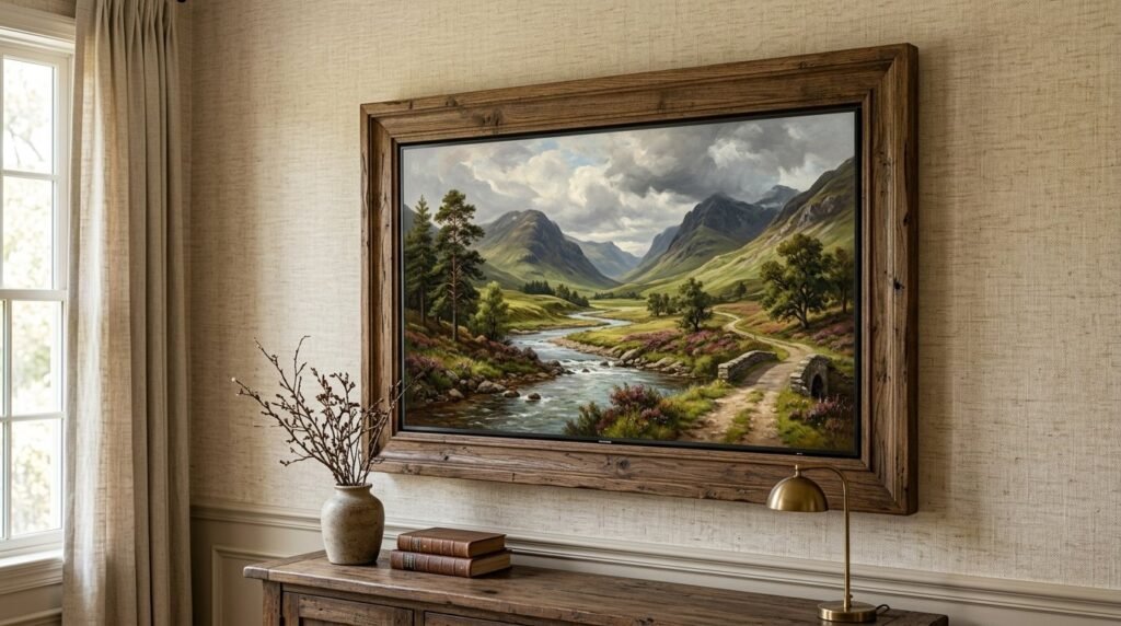 A modern flat screen television displaying a vibrant, high-resolution mountain landscape image.