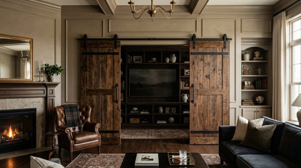 A flat screen television concealed behind a decorative sliding panel in a modern living room interior.