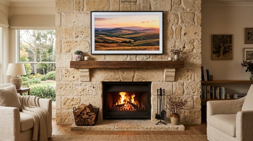 A flat screen television wall mounted above a contemporary fireplace in a stylishly decorated living room.