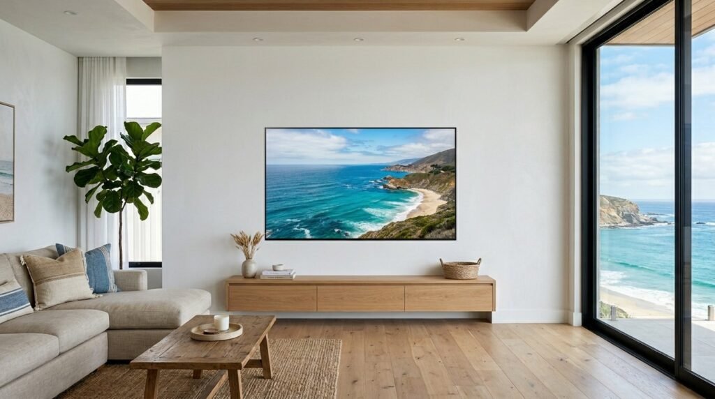 A sleek flat screen television recessed into a custom built-in wall niche in a modern living room.