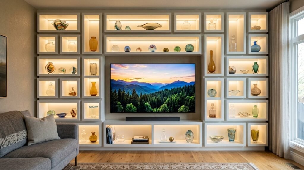 A sleek modern television set surrounded by futuristic aesthetic elements.