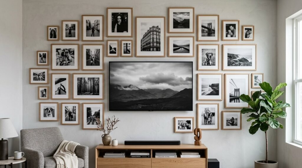 A sleek modern television set placed within a decorative home living room setup.
