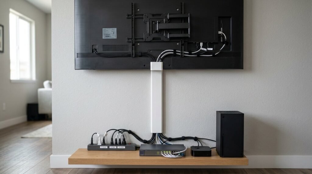 Clean and organized television wall cables hidden behind a mounting panel