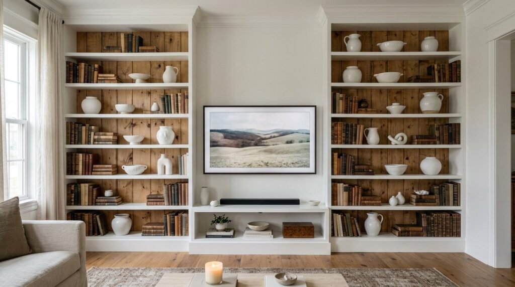 Two tall wooden bookshelves flanking a fireplace in a cozy home library setting.