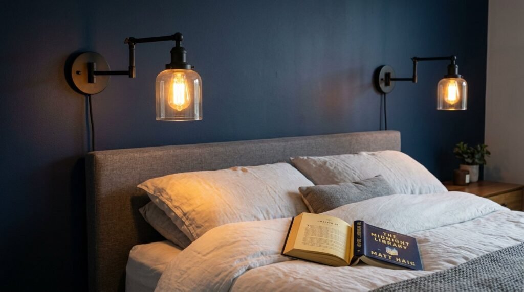 Two stylish wall sconces mounted on a neutral interior wall providing warm ambient lighting.