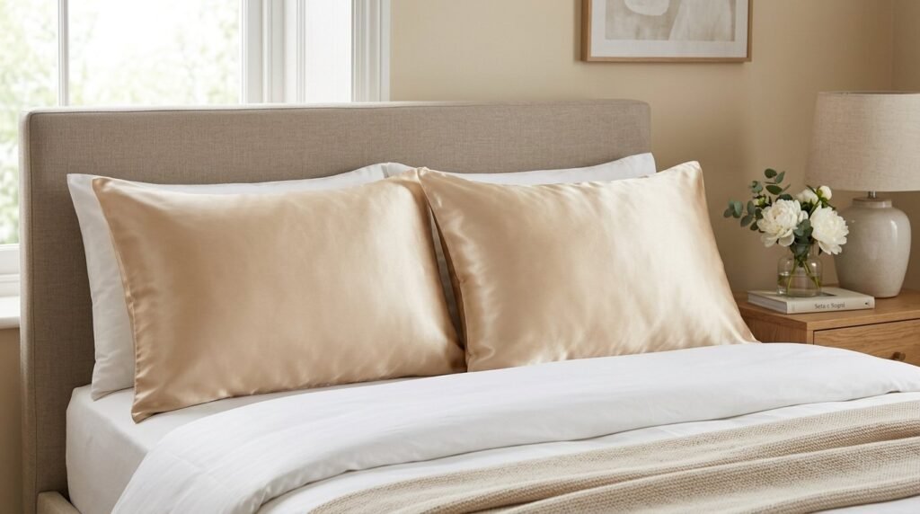 Two smooth silk pillowcases arranged neatly on a bed in soft natural lighting.
