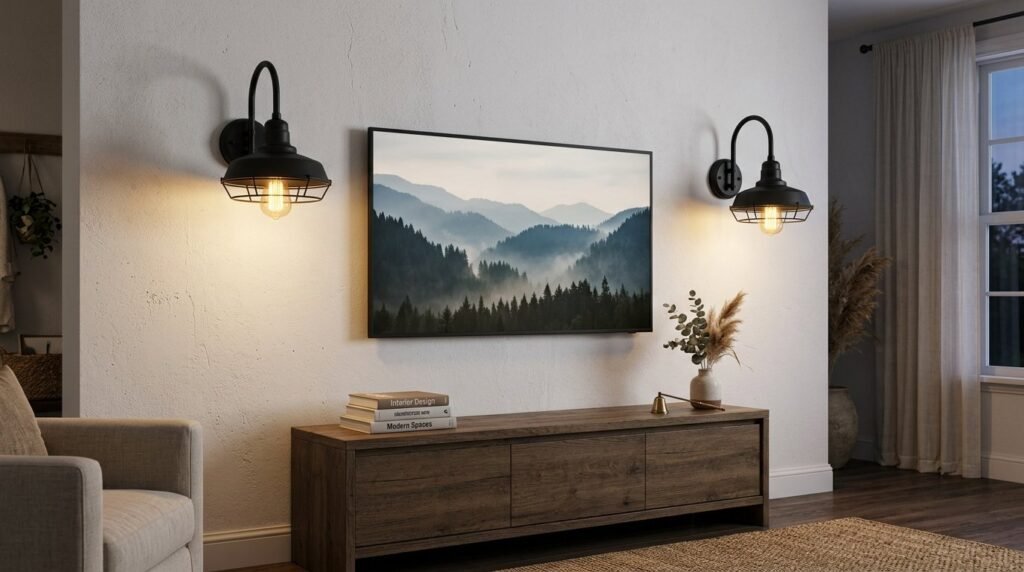 Two stylish gooseneck wall sconces mounted on a neutral interior wall for ambient lighting.