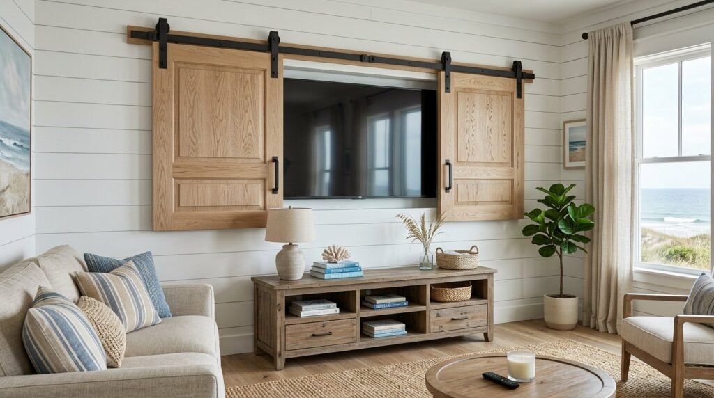 Two weathered wooden barns standing in an open field under a clear sky.