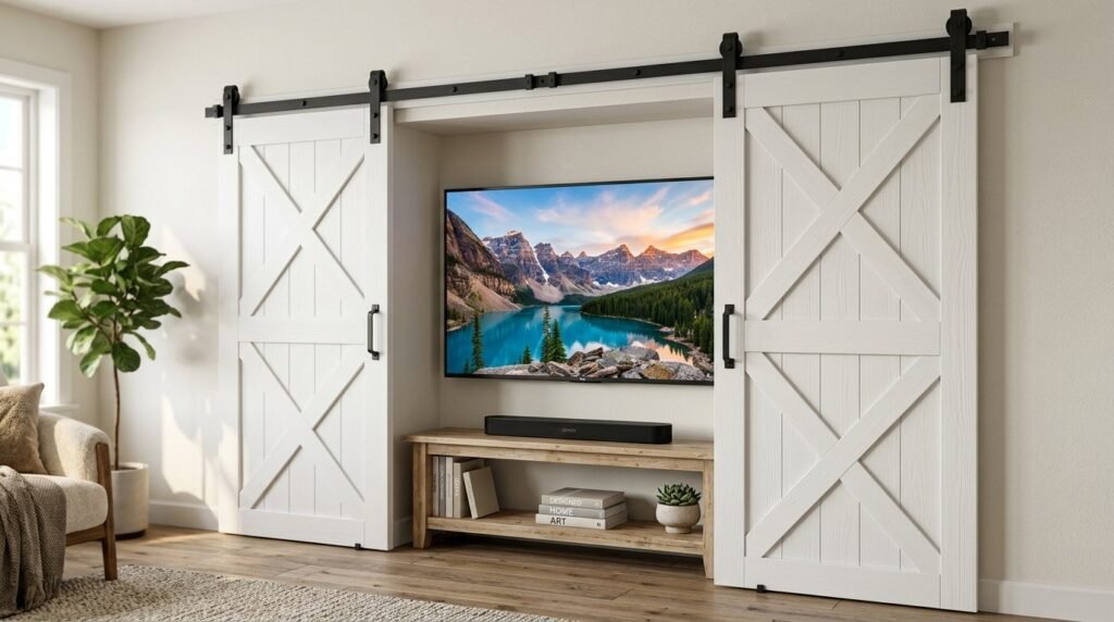 A pair of wooden sliding barn doors installed in a modern interior home setting.
