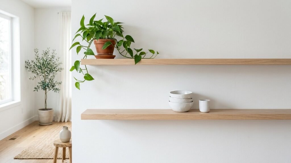 Two clean minimalist wooden floating shelves attached to a white wall for decorative display.