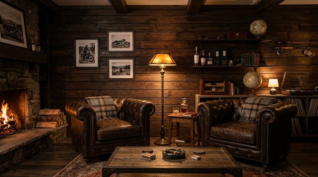 A stylish modern man cave interior featuring comfortable seating and ambient lighting.
