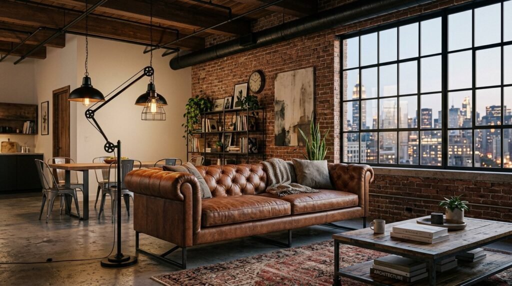 A stylish urban loft living space with high ceilings and classic exposed brick walls.