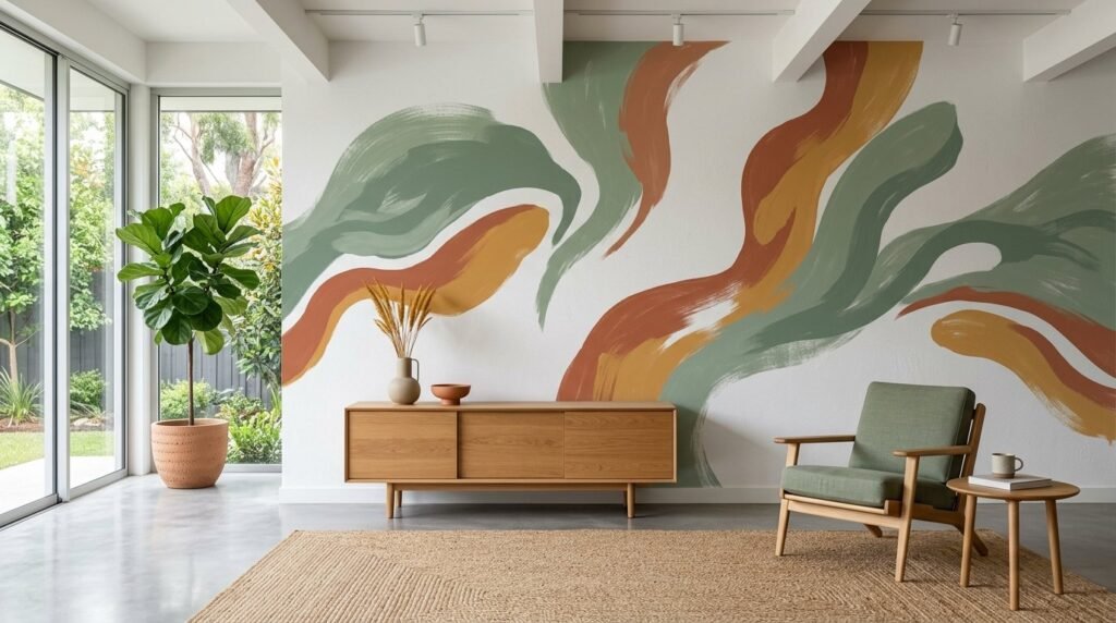 Colorful and dynamic abstract mural painting on a city wall.