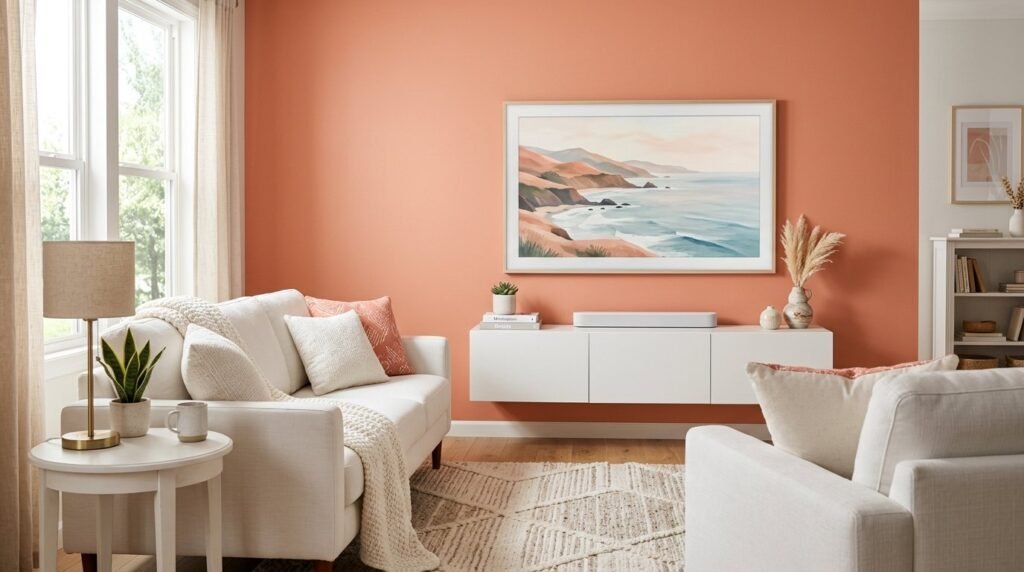 A modern living room interior featuring a bold coral colored accent wall with minimalist decor.