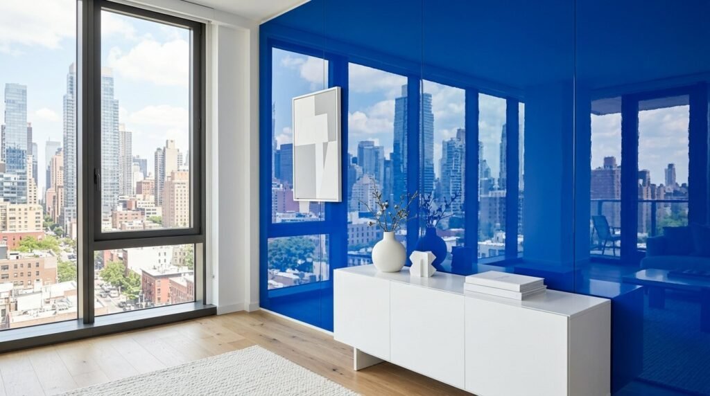 A close-up shot of a smooth wall painted in a bold and vibrant electric blue color.