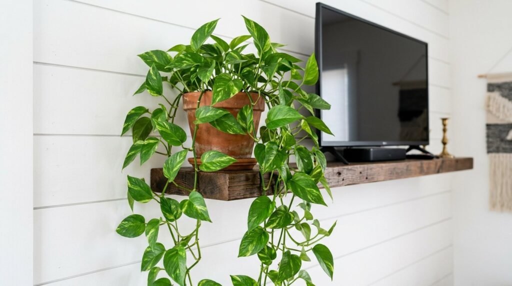 A healthy, vibrant green pothos houseplant with cascading leaves in a pot.