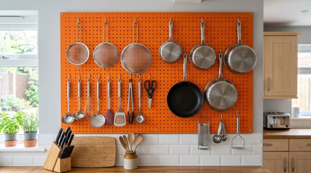 Close-up view of a vibrant orange wall-mounted pegboard used for organizational storage.