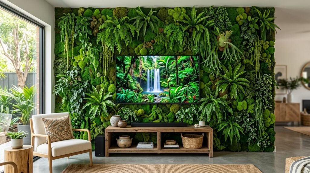 A vibrant indoor vertical garden wall featuring various lush green plants and foliage.