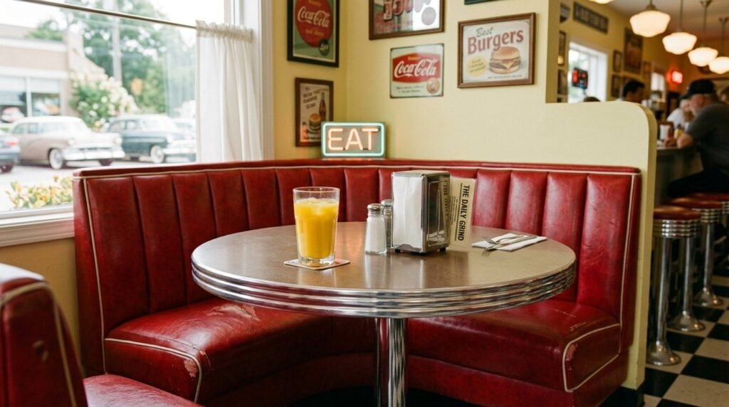 A beautifully styled 1950s vintage dining corner featuring retro furniture and classic mid-century design elements.