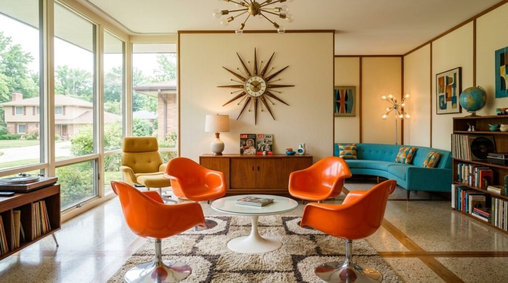 A well-designed living room interior featuring authentic 1960s mid-century modern furniture and decor elements.