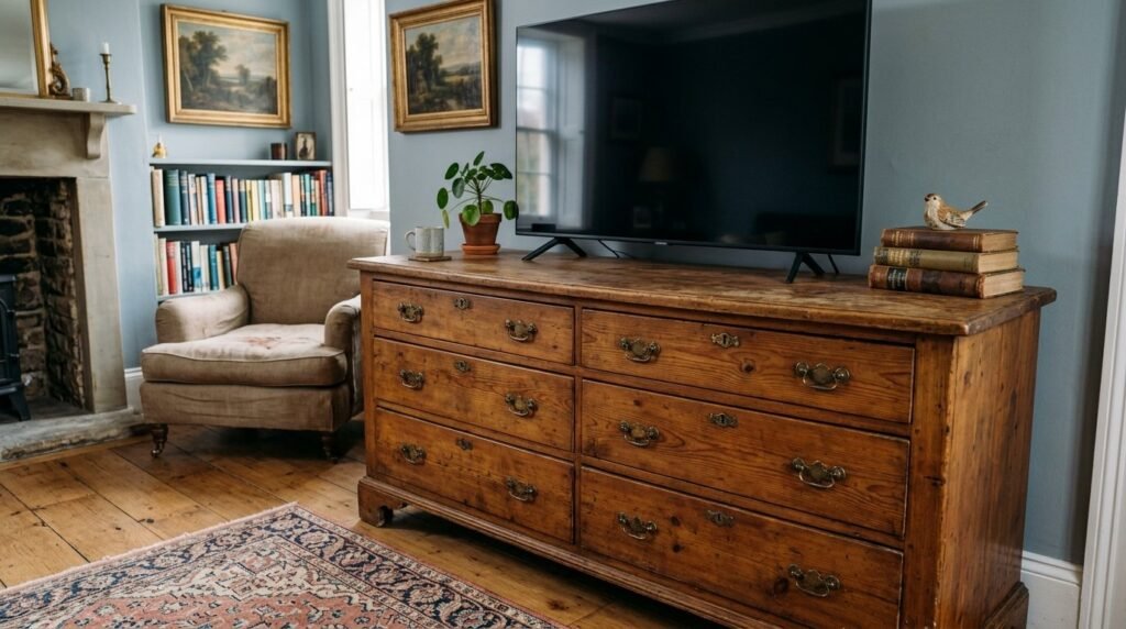 A rustic antique wooden dresser with classic drawers placed in a brightly lit home interior setting.