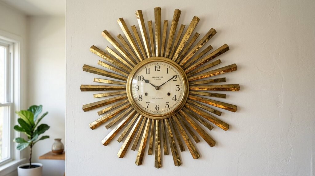 Close up of an ornate vintage brass sunburst wall sculpture reflecting warm light.