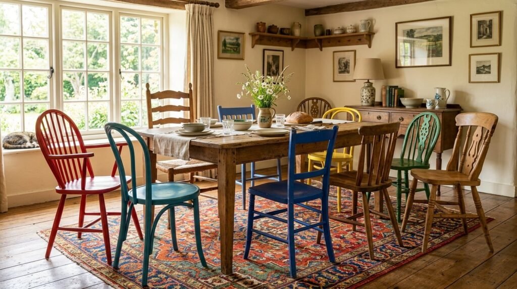 A set of beautifully restored vintage chairs arranged in a sunlit home interior.