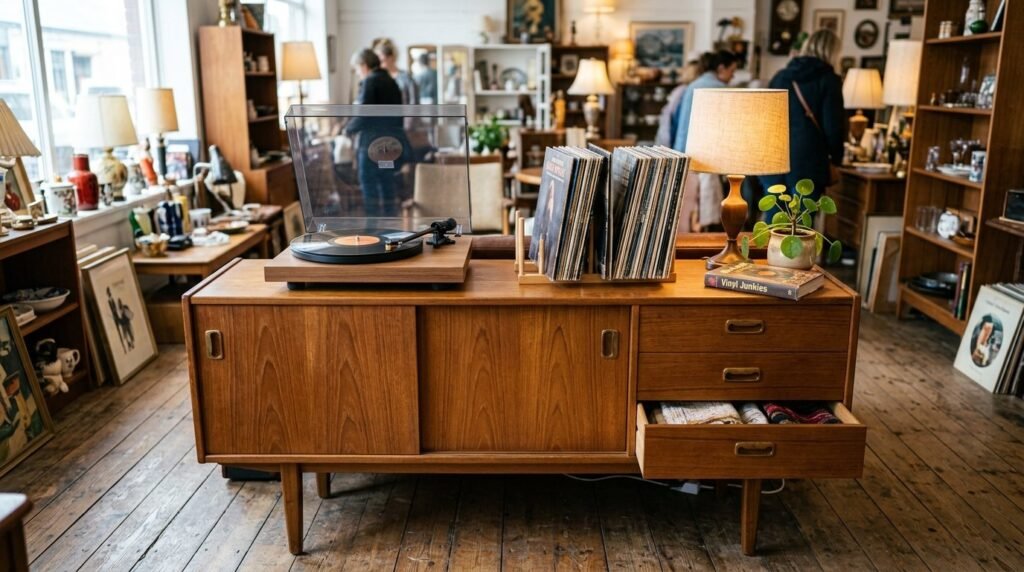 A beautifully restored vintage teak sideboard with clean lines in a minimalist living room setting.
