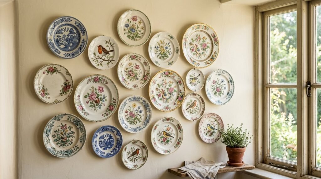 An artful arrangement of vintage decorative plates showcasing intricate patterns and classic designs on a wall.