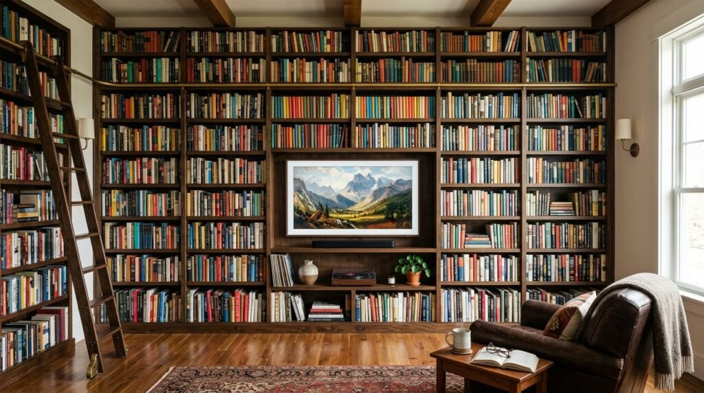 A large wall beautifully filled with an extensive collection of framed art and photographs.