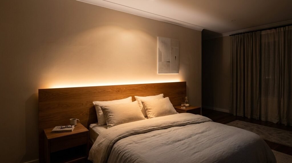 Warm light filtering through horizontal wooden slats, creating a peaceful and minimalist atmosphere.