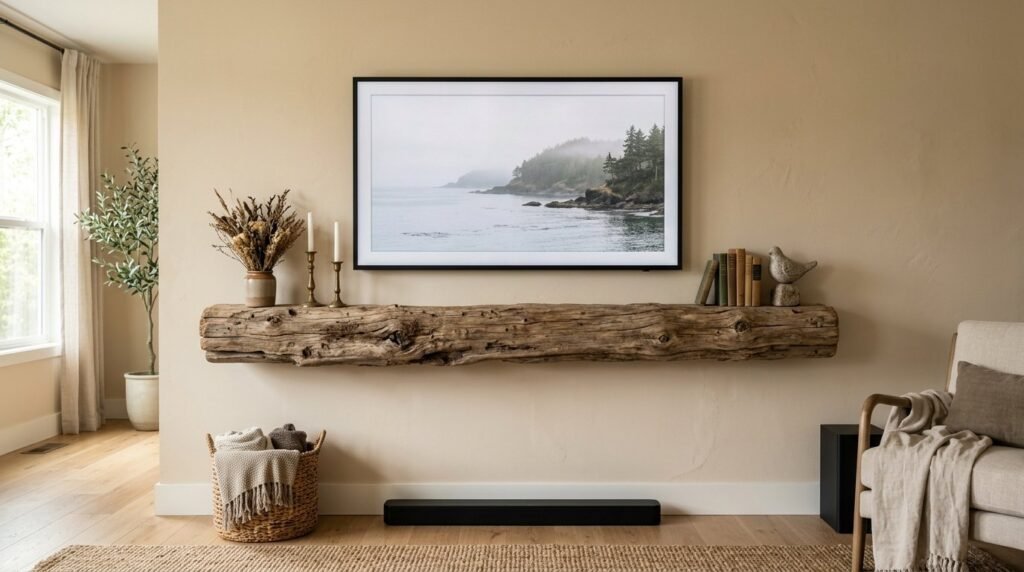 A close-up shot of a textured cedar driftwood branch resting on a sandy beach.