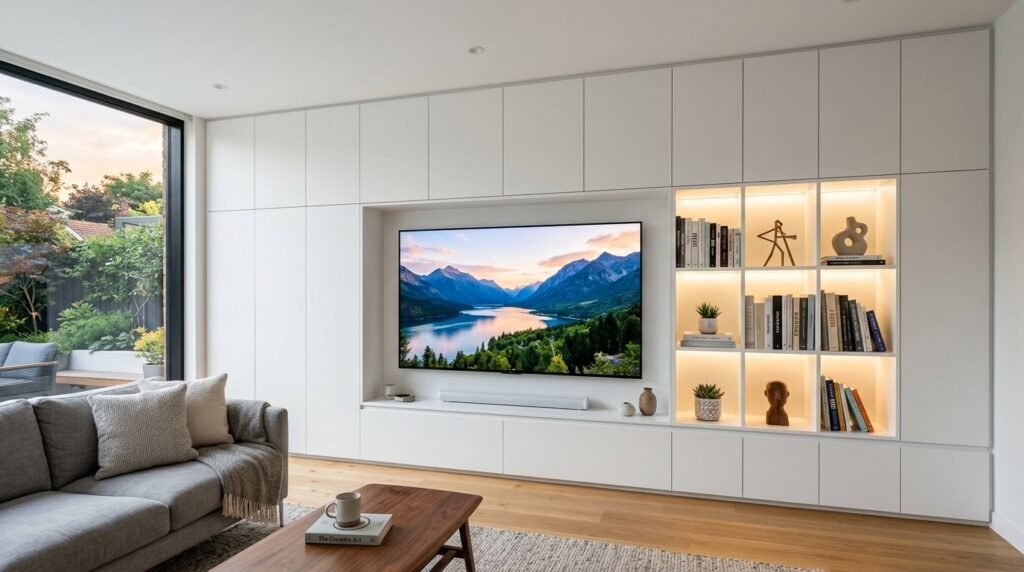 Close up view of sleek white minimalist kitchen cabinets with a clean modern aesthetic.